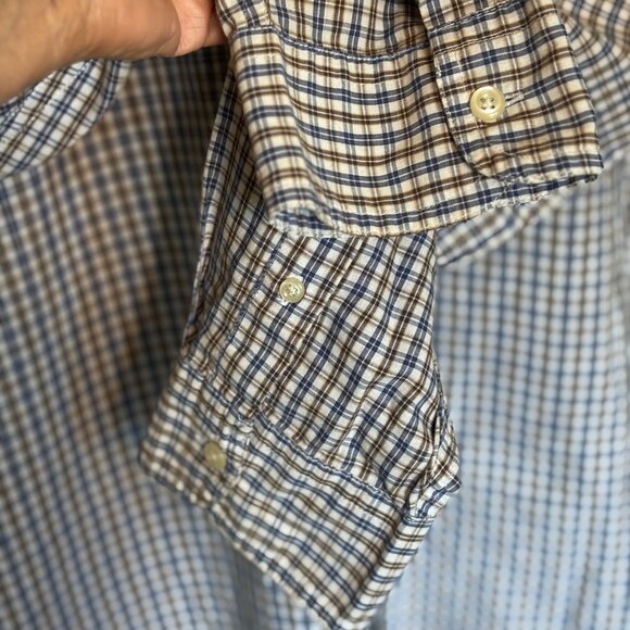Chaps Mens Easy Care Button-Up Shirt 2XL Tall Plaid Cotton Blend Brown & Blue - Picture 8 of 13